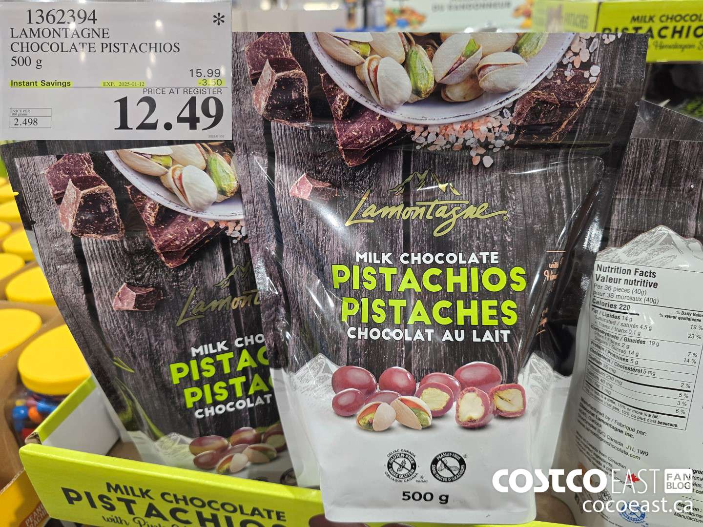 1362394 LAMONTAGNE CHOCOLATE PISTACHIOS 500g ($3.50 INSTANT SAVINGS EXPIRES ON 2025-01-12) $12.49