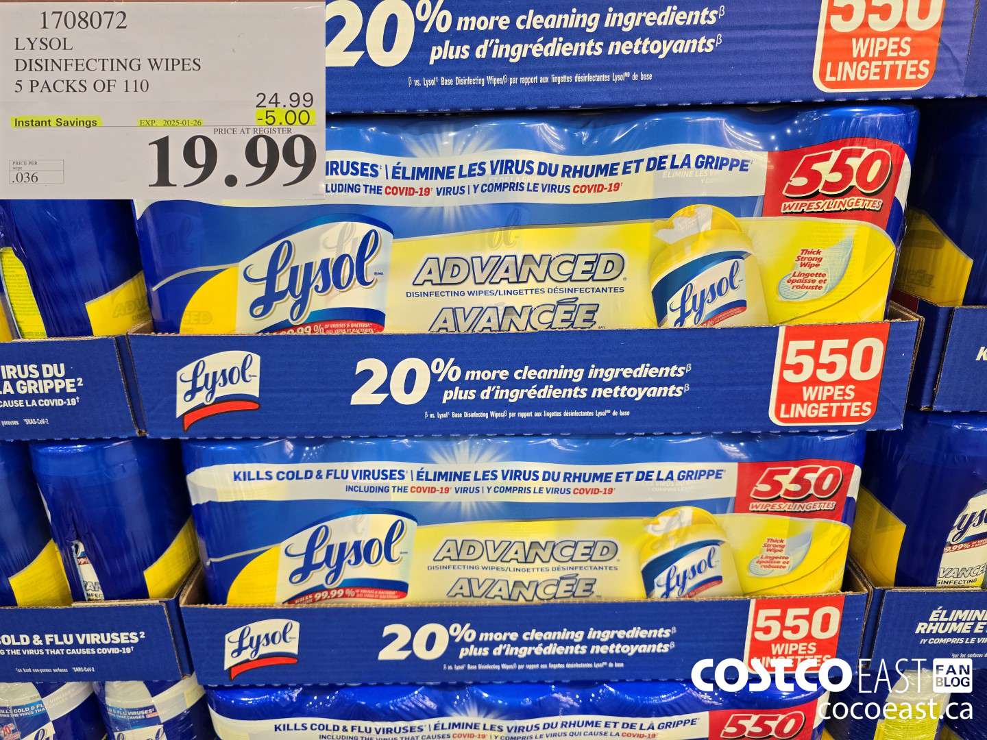 1708072 LYSOL DISINFECTING WIPES 5 PACKS OF 110 ($5.00 INSTANT SAVINGS EXPIRES ON 2025-01-26) $19.99