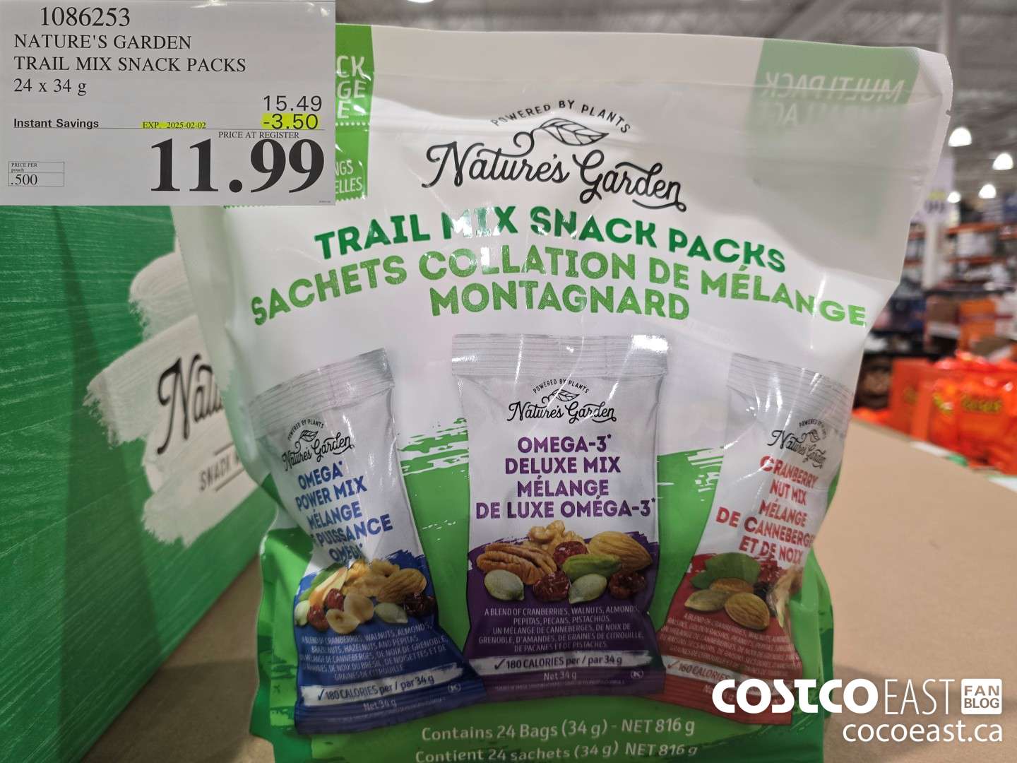 1086253 NATURE'S GARDEN TRAIL MIX SNACK PACKS 24 x 34 G ($3.50 INSTANT SAVINGS EXPIRES ON 2025-02-02) $11.99