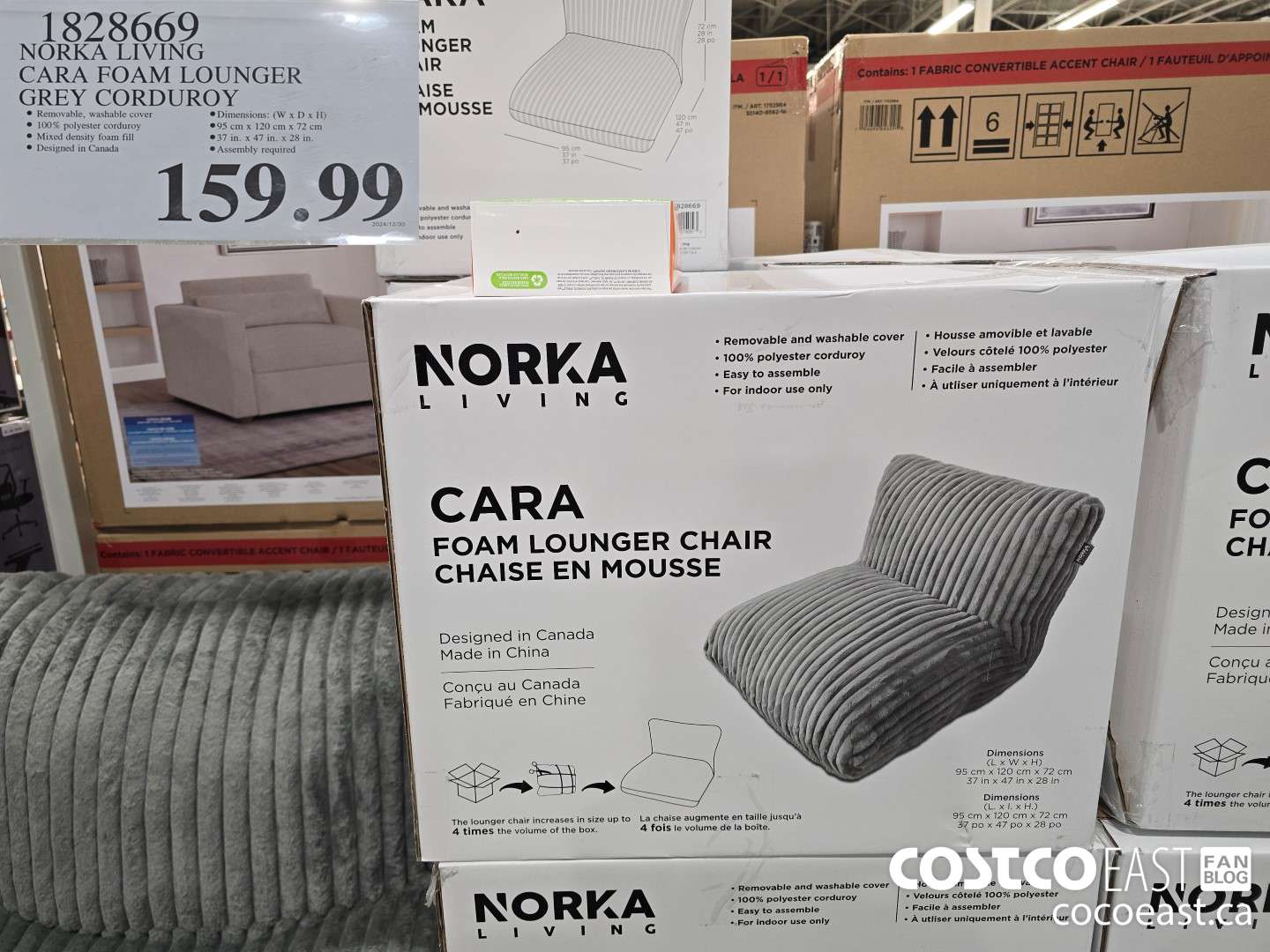 1828669 NORKA LIVING CARA FOAM LOUNGER GREY CORDUROY $159.99
