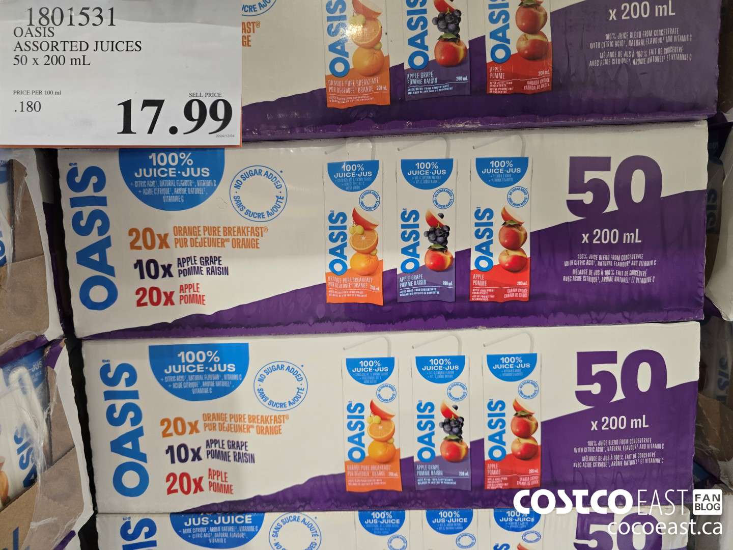 1801531 OASIS ASSORTED JUICES 50 x 200 mL  $17.99