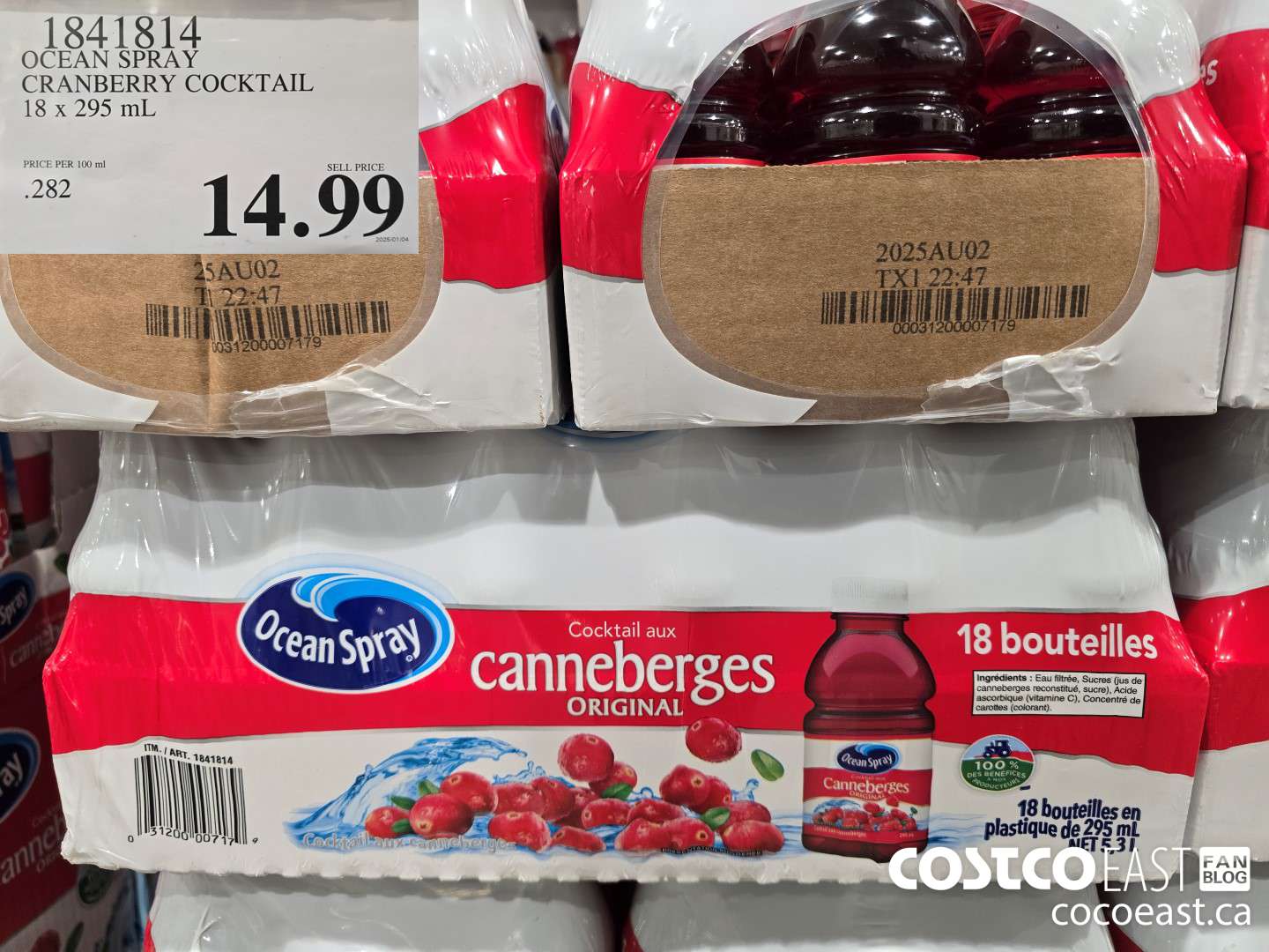 1841814 OCEAN SPRAY CRANBERRY COCKTAIL 18 x 295 mL $14.99