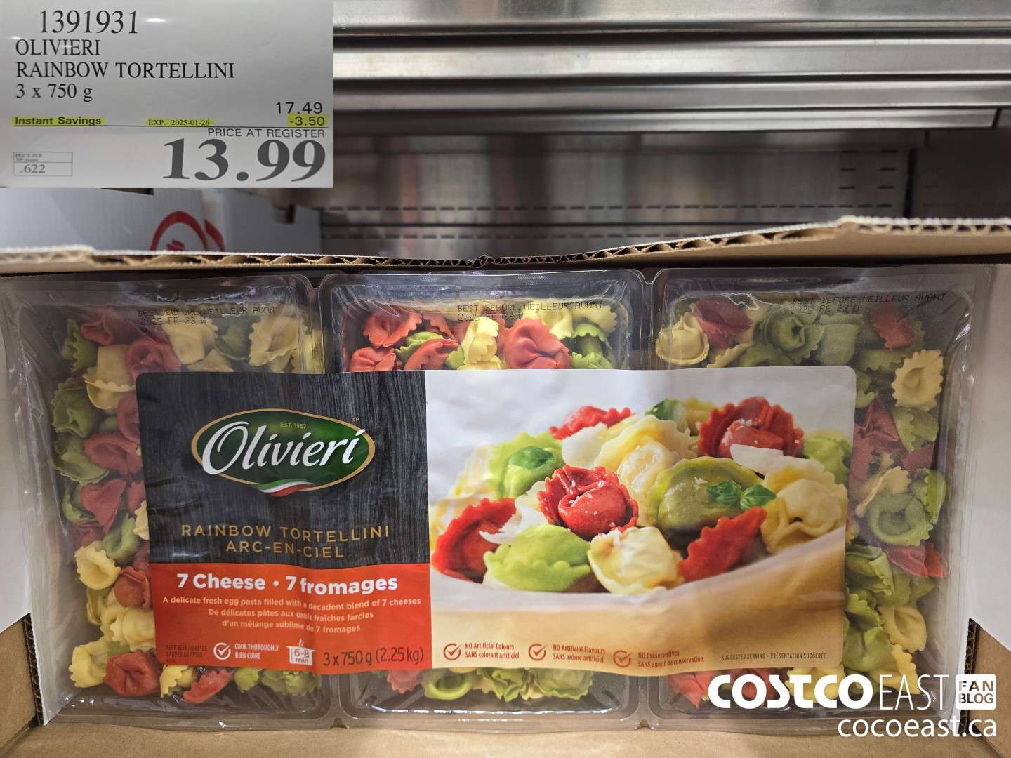 1391931 OLIVIERI RAINBOW TORTELLINI 3 x 750G ($3.50 INSTANT SAVINGS EXPIRES ON 2025-01-26) $13.99