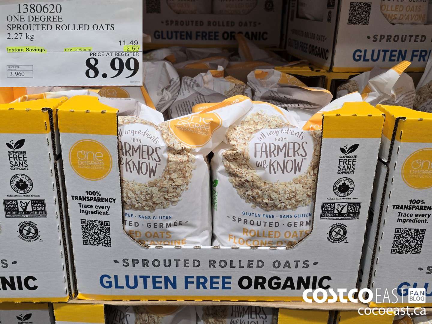 1380620 ONE DEGREE SPROUTED ROLLED OATS 2.27 KG ($2.50 INSTANT SAVINGS EXPIRES ON 2025-01-26) $8.99