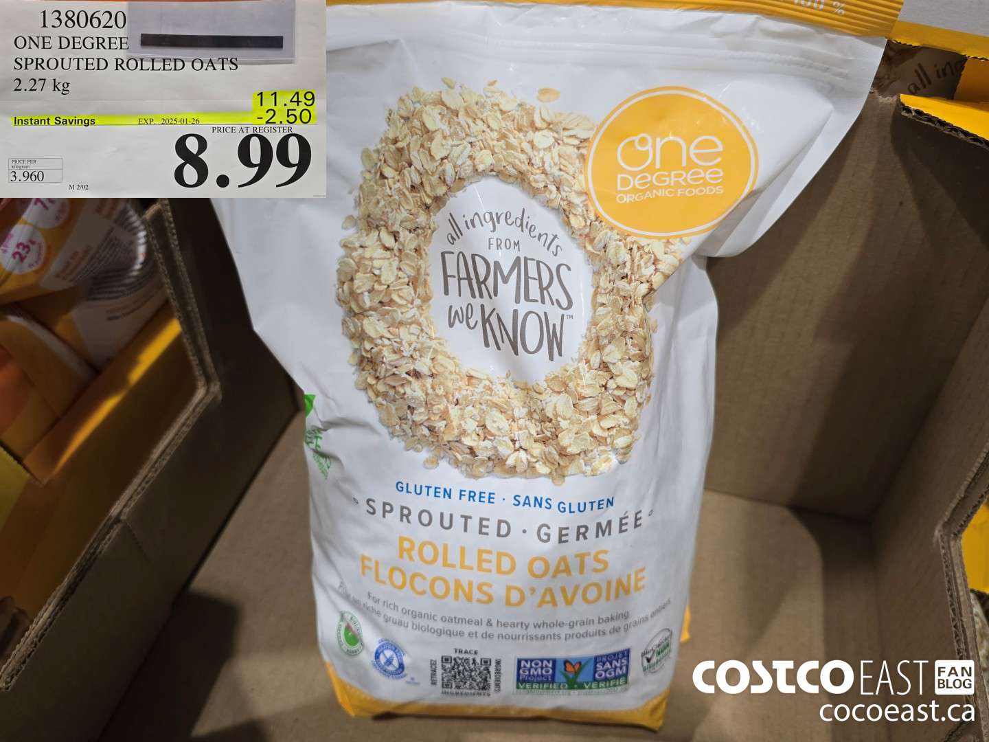 1380620 ONE DEGREE SPROUTED ROLLED OATS 2.27 KG ($2.50 INSTANT SAVINGS EXPIRES ON 2025-01-26) $8.99