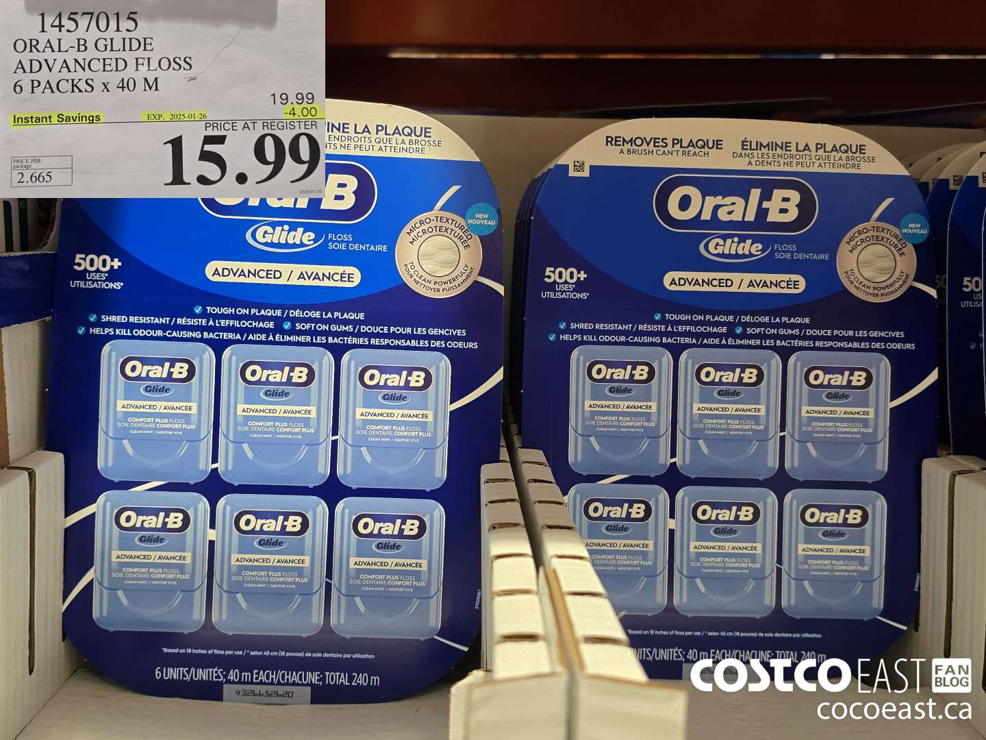 1457015 ORAL-B GLIDE ADVANCED FLOSS 6 PACKS X 40 M ($4.00 INSTANT SAVINGS EXPIRES ON 2025-01-26) $15.99