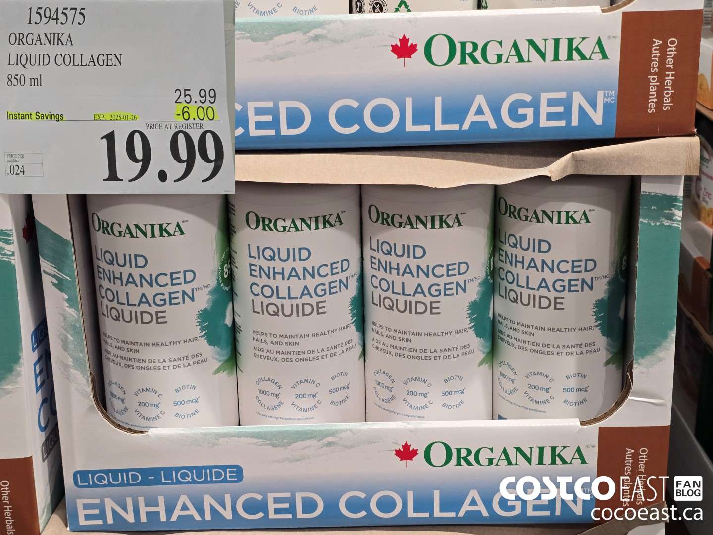 1594575 ORGANIKA LIQUID COLLAGEN 850 ML ($6.00 INSTANT SAVINGS EXPIRES ON 2025-01-26) $19.99