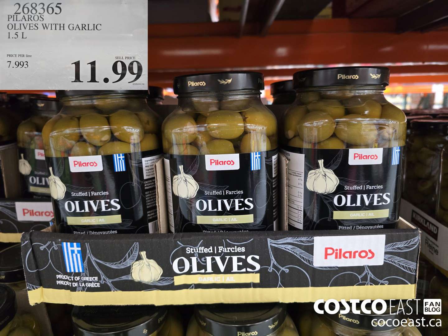 268365 PILAROS OLIVES WITH GARLIC 1.5 L $11.99