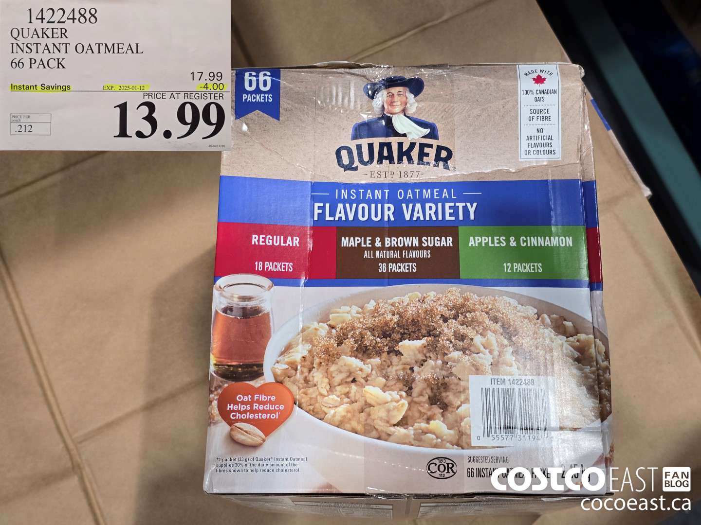 1422488 QUAKER INSTANT OATMEAL 66 PACK ($4.00 INSTANT SAVINGS EXPIRES ON 2025-01-12) $13.99