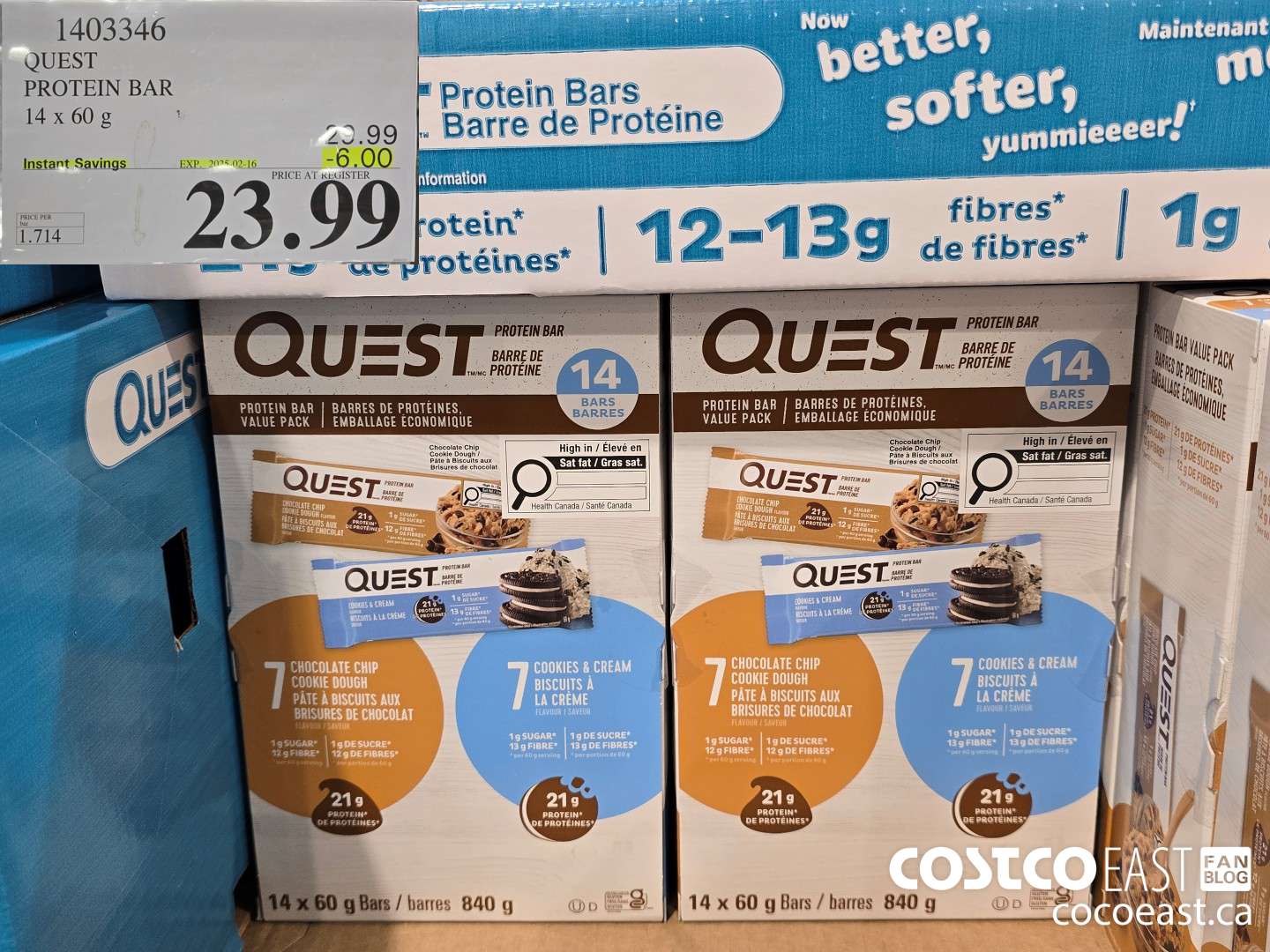 1403346 QUEST PROTEIN BARS 14 X 60 G ($6.00 INSTANT SAVINGS EXPIRES ON 2025-02-16) $23.99