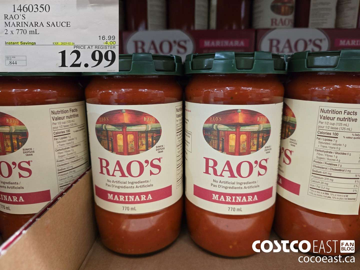 1460350 RAO'S MARINARA SAUCE 2 x 770 mL ($4.00 INSTANT SAVINGS EXPIRES ON 2025-02-16) $12.99