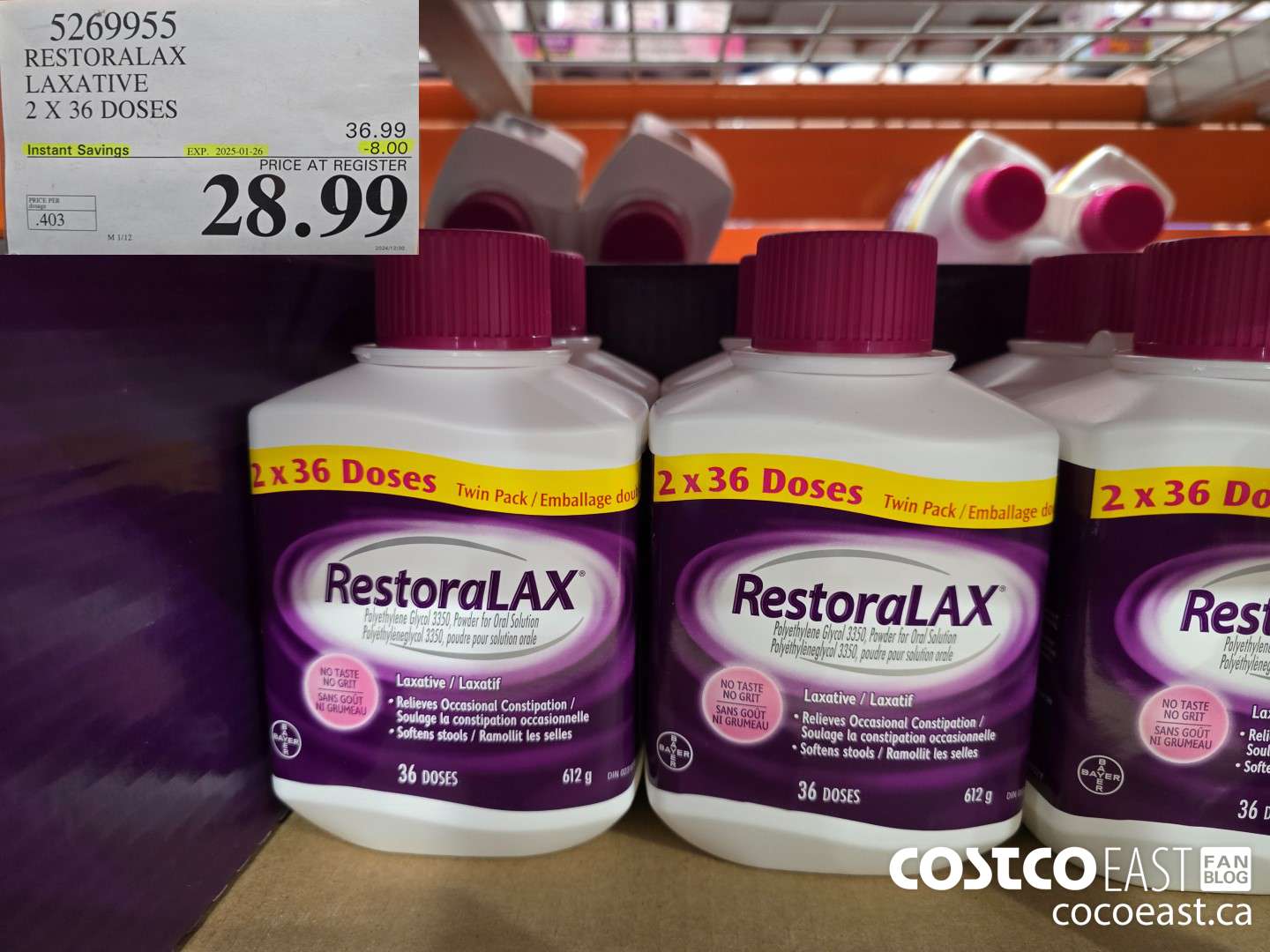 5269955 RESTORALAX LAXATIVE 2 X 36 DOSES ($8.00 INSTANT SAVINGS EXPIRES ON 2025-01-26) $28.99