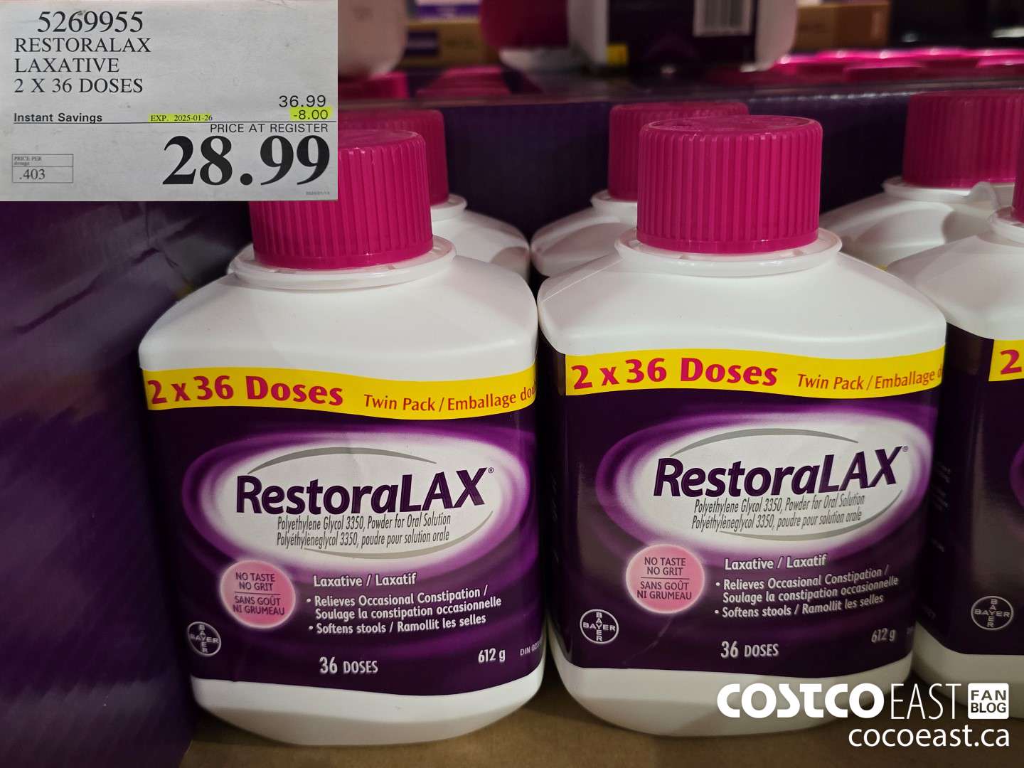 5269955 RESTORALAX LAXATIVE 2 X 36 DOSES ($8.00 INSTANT SAVINGS EXPIRES ON 2025-01-26) $28.99