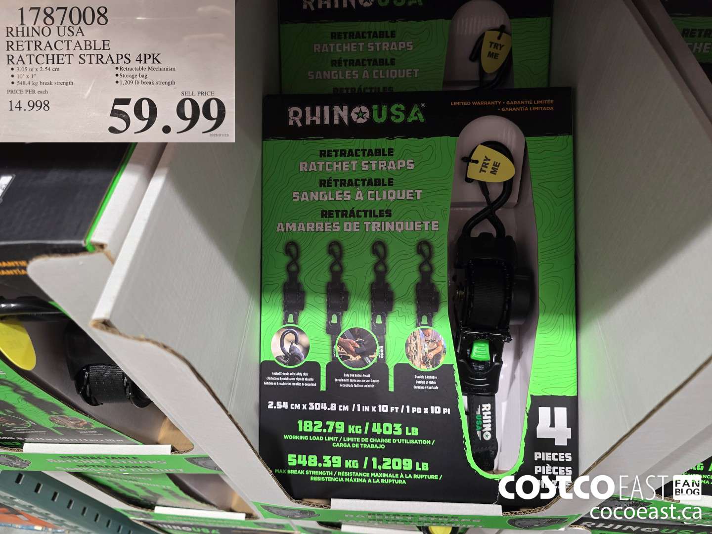 1787008 RHINO USA RETRACTABLE RATCHET STRAPS 4PK $59.99