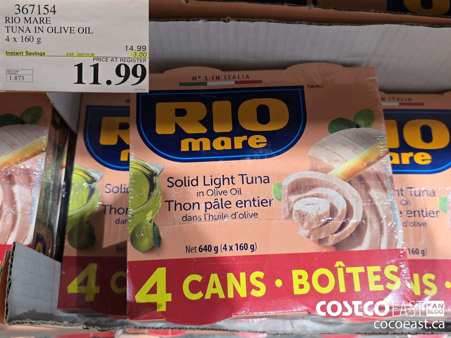 367154 RIO MARE TUNA IN OLIVE OIL 4 x 160 g ($3.00 INSTANT SAVINGS EXPIRES ON 2025-01-26) $11.99