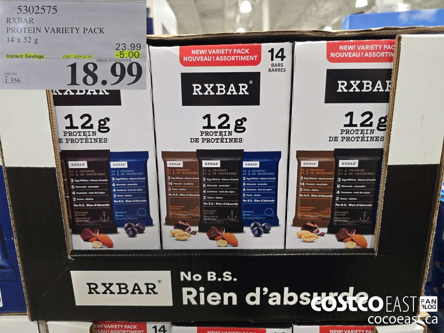 5302575 RXBAR PROTEIN VARIETY PACK 14 x 52 G ($5.00 INSTANT SAVINGS EXPIRES ON 2025-01-19) $18.99
