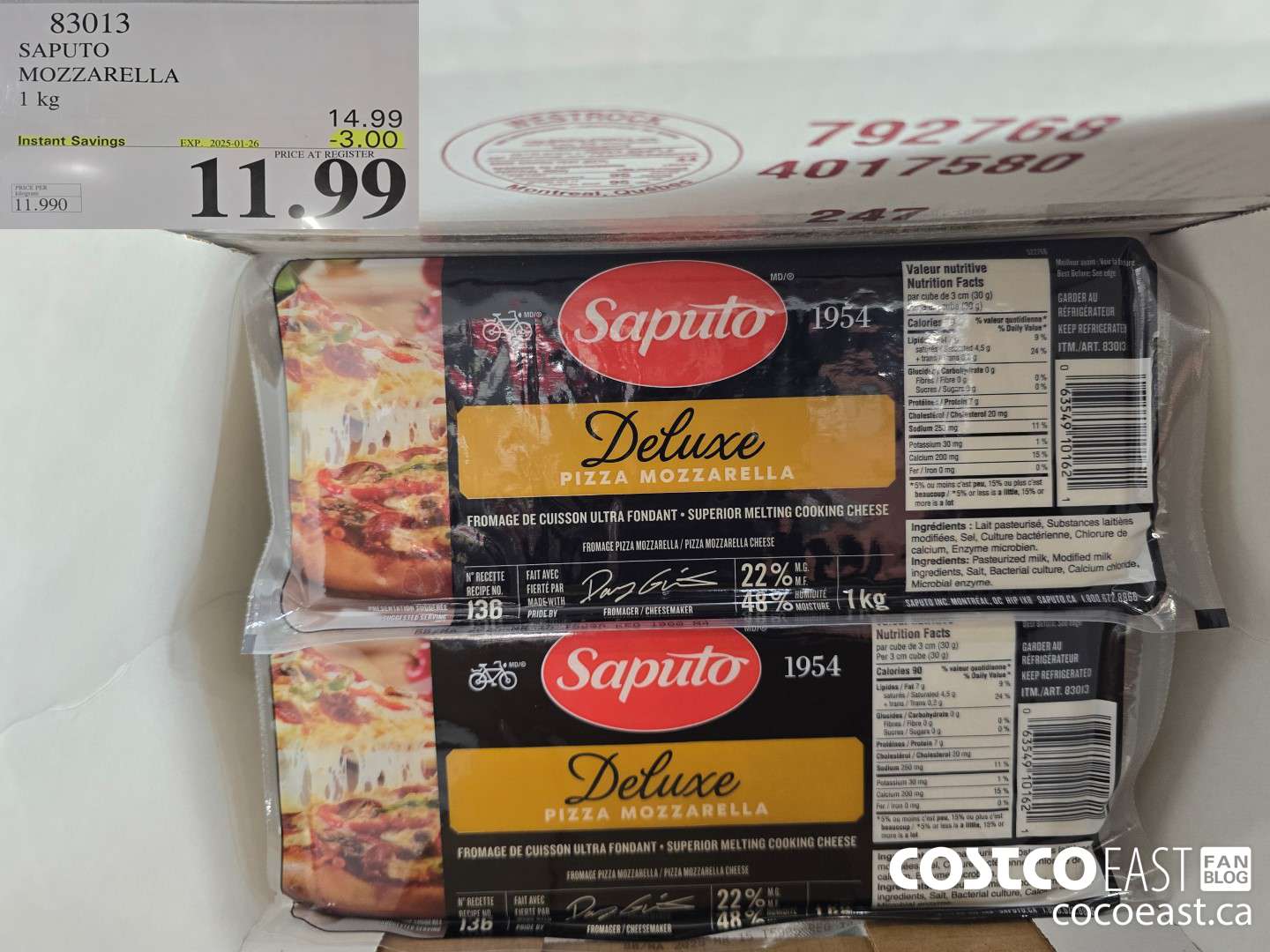 83013 SAPUTO MOZZARELLA 1 KG ($3.00 INSTANT SAVINGS EXPIRES ON 2025-01-26) $11.99