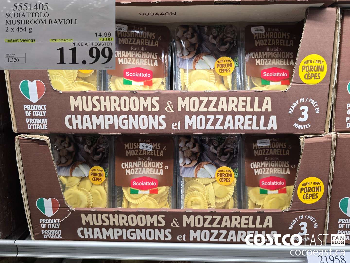 5551405 SCOIATTOLO MUSHROOM RAVIOLI 2 x 454 g ($3.00 INSTANT SAVINGS EXPIRES ON 2025-02-16) $11.99