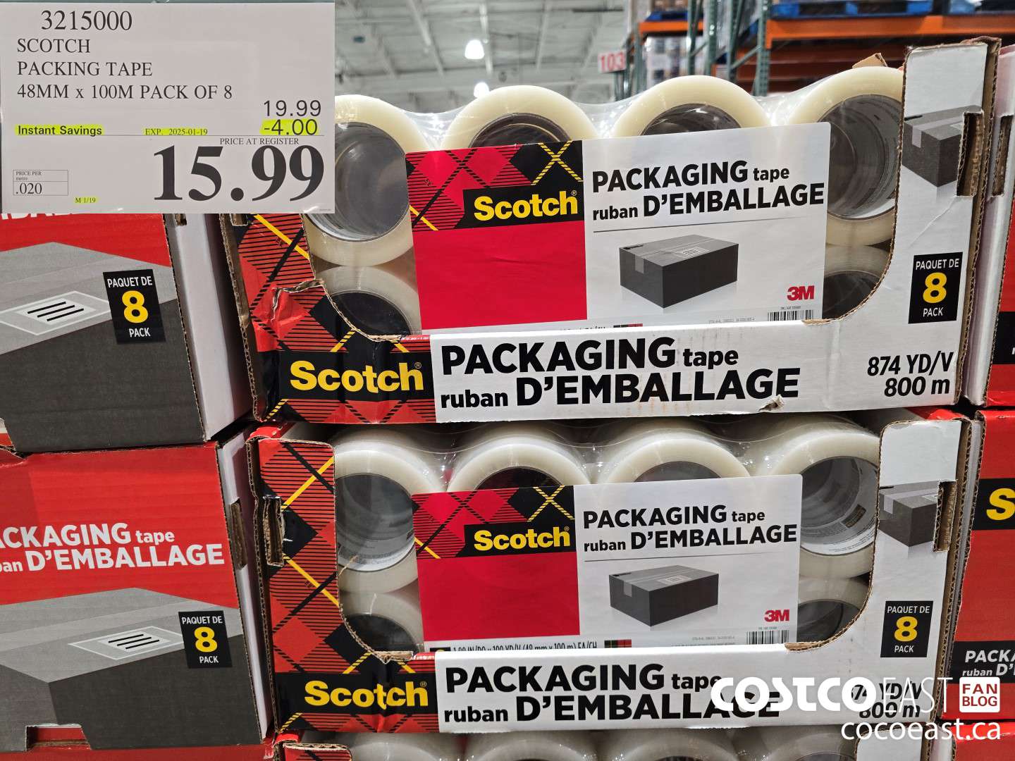 3215000 SCOTCH PACKING TAPE 48MM x 100M PACK OF 8 ($4.00 INSTANT SAVINGS EXPIRES ON 2025-01-19) $15.99