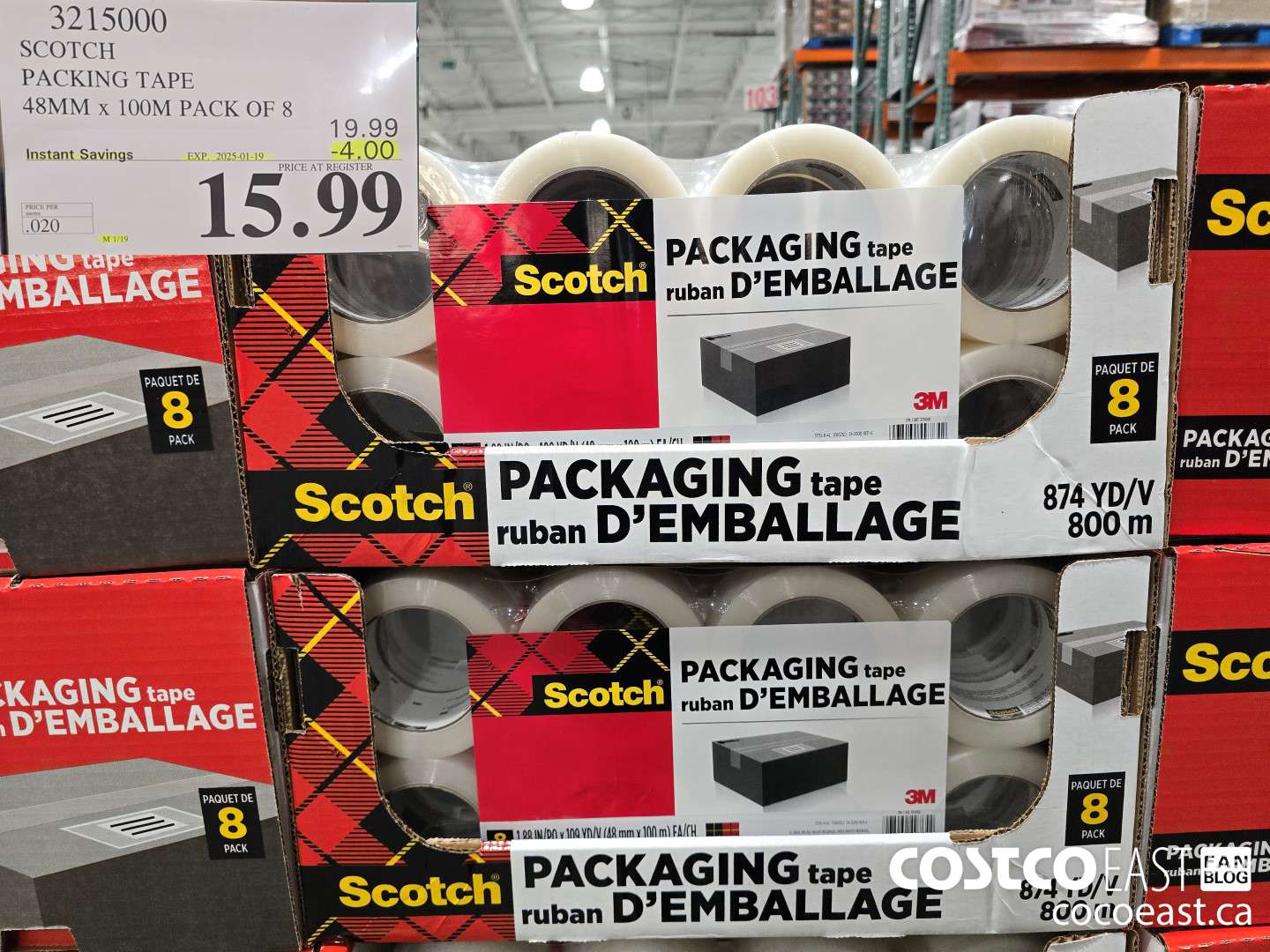 3215000 SCOTCH PACKING TAPE 48MM x 100M PACK OF 8 ($4.00 INSTANT SAVINGS EXPIRES ON 2025-01-19) $15.99