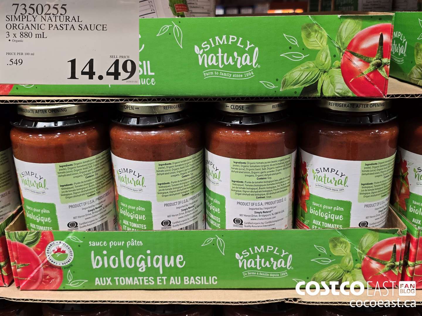 7350255 SIMPLY NATURAL ORGANIC PASTA SAUCE 3 X 880 ML $14.49