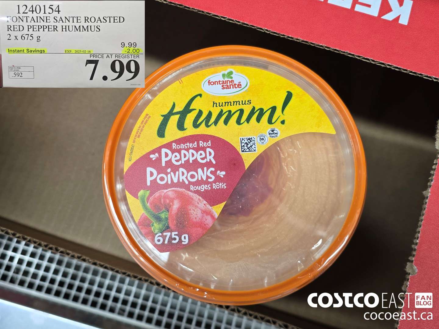 1240154 SONTAINE SANTE ROASTED RED PEPPER HUMMUS 2 x 675 g ($2.00 INSTANT SAVINGS EXPIRES ON 2025-02-16) $7.99