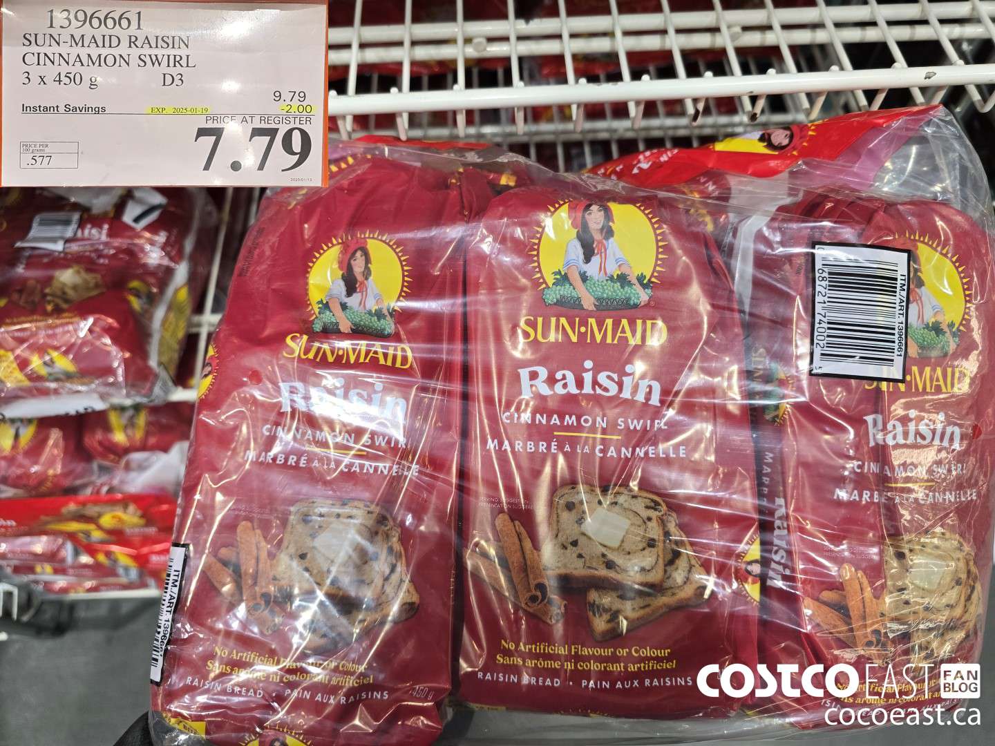 1396661 SUN-MAID RAISIN CINNAMON SWIRL 3 x 450 g ($2.00 INSTANT SAVINGS EXPIRES ON 2025-01-19) $7.79