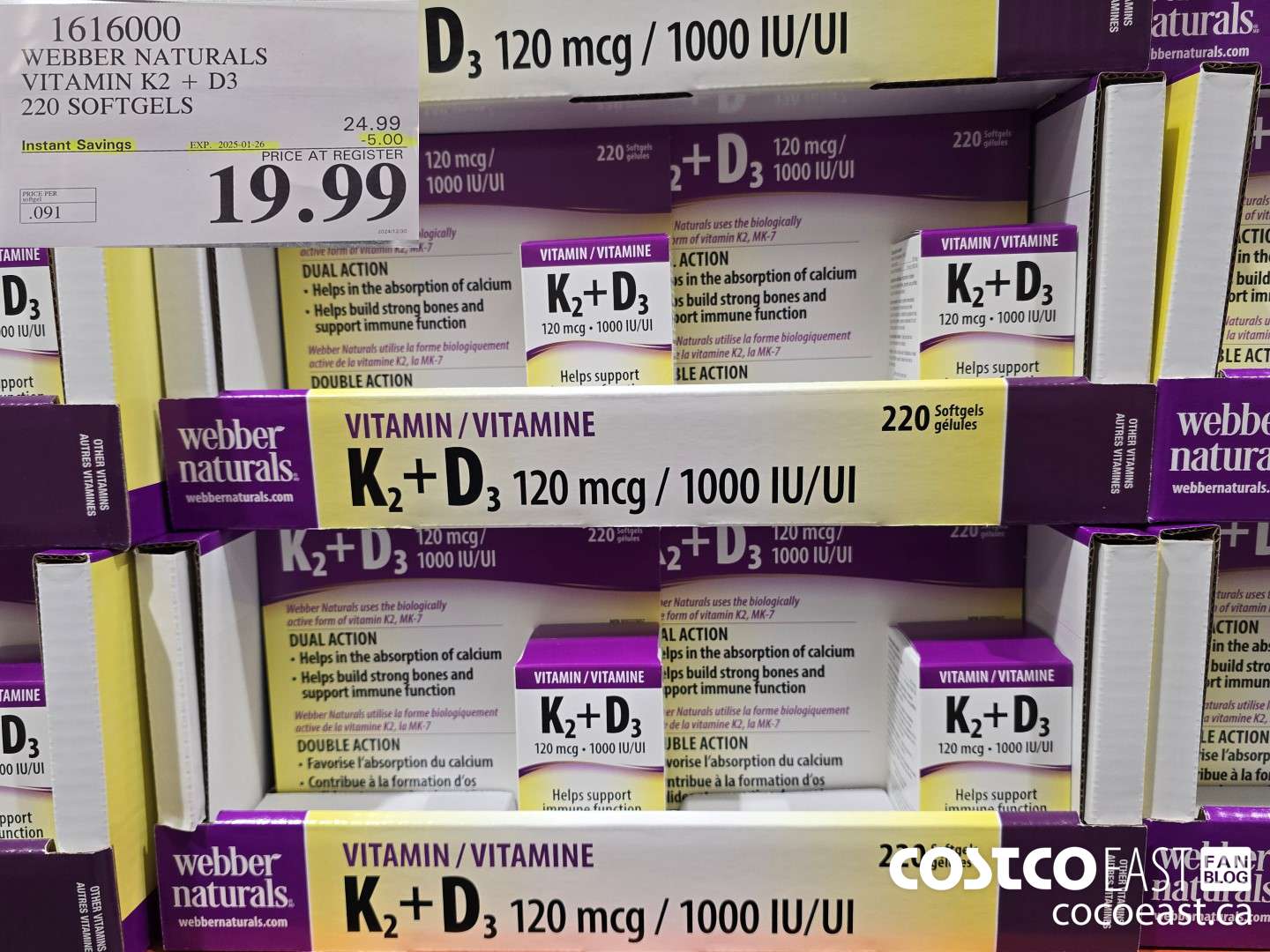 1616000 WEBBER NATURALS VITAMIN K2+D3 220 SOFTGELS ($5.00 INSTANT SAVINGS EXPIRES ON 2025-01-26) $19.99