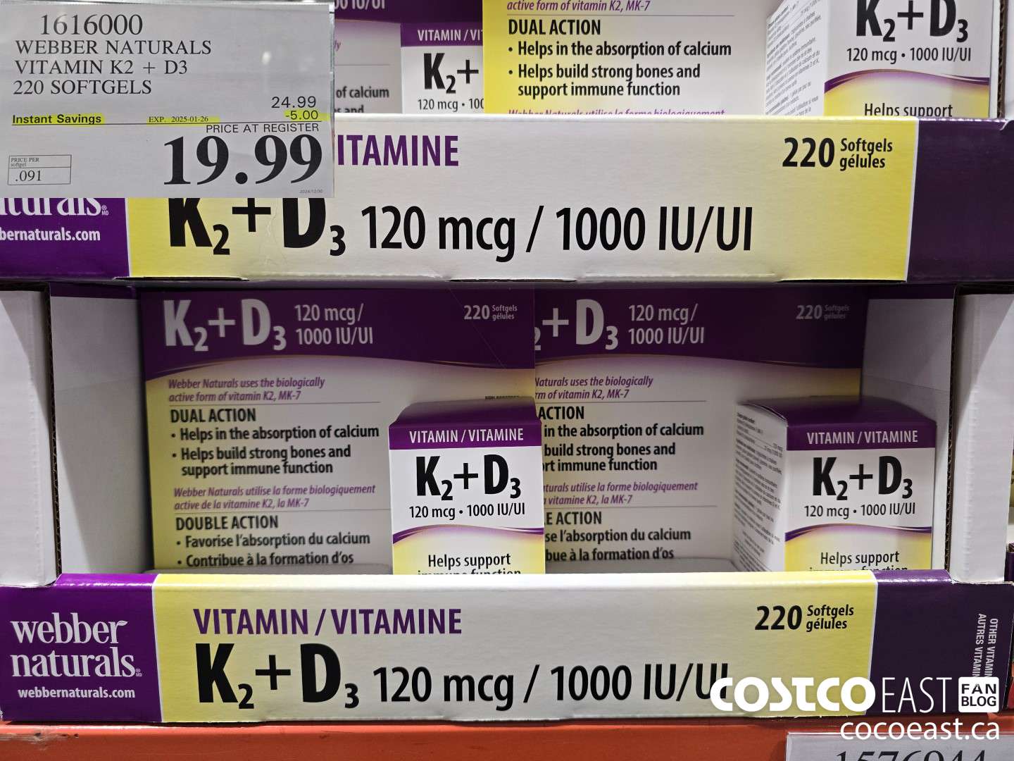 1616000 WEBBER NATURALS VITAMIN K2+D3 220 SOFTGELS ($5.00 INSTANT SAVINGS EXPIRES ON 2025-01-26) $19.99