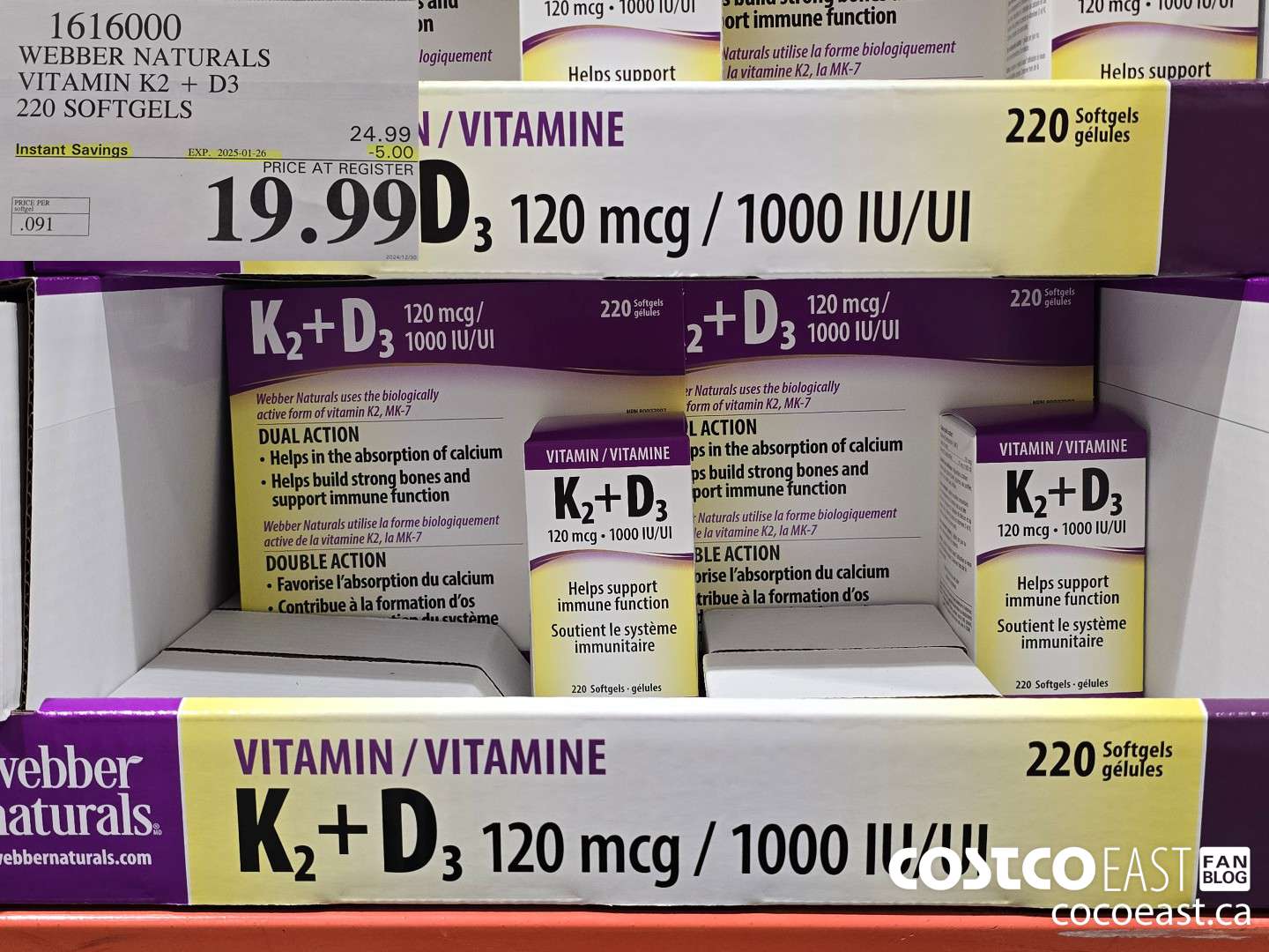 1616000 WEBBER NATURALS VITAMIN K2+D3 220 SOFTGELS ($5.00 INSTANT SAVINGS EXPIRES ON 2025-01-26) $19.99