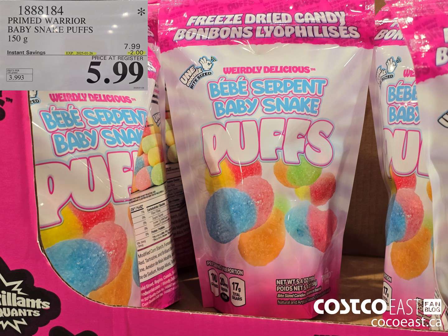 1888184 WEIRDLY DELICIOUS BABY SNAKE PUFFS 150 G ($2.00 INSTANT SAVINGS EXPIRES ON 2025-01-26) $5.99