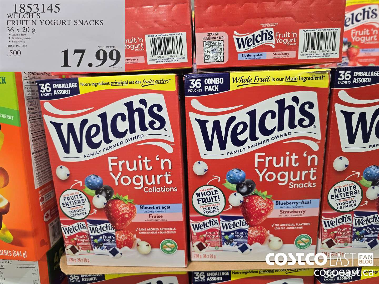 1853145 WELCH'S FRUIT'N YOGURT SNACKS 36 X 20 G $17.99