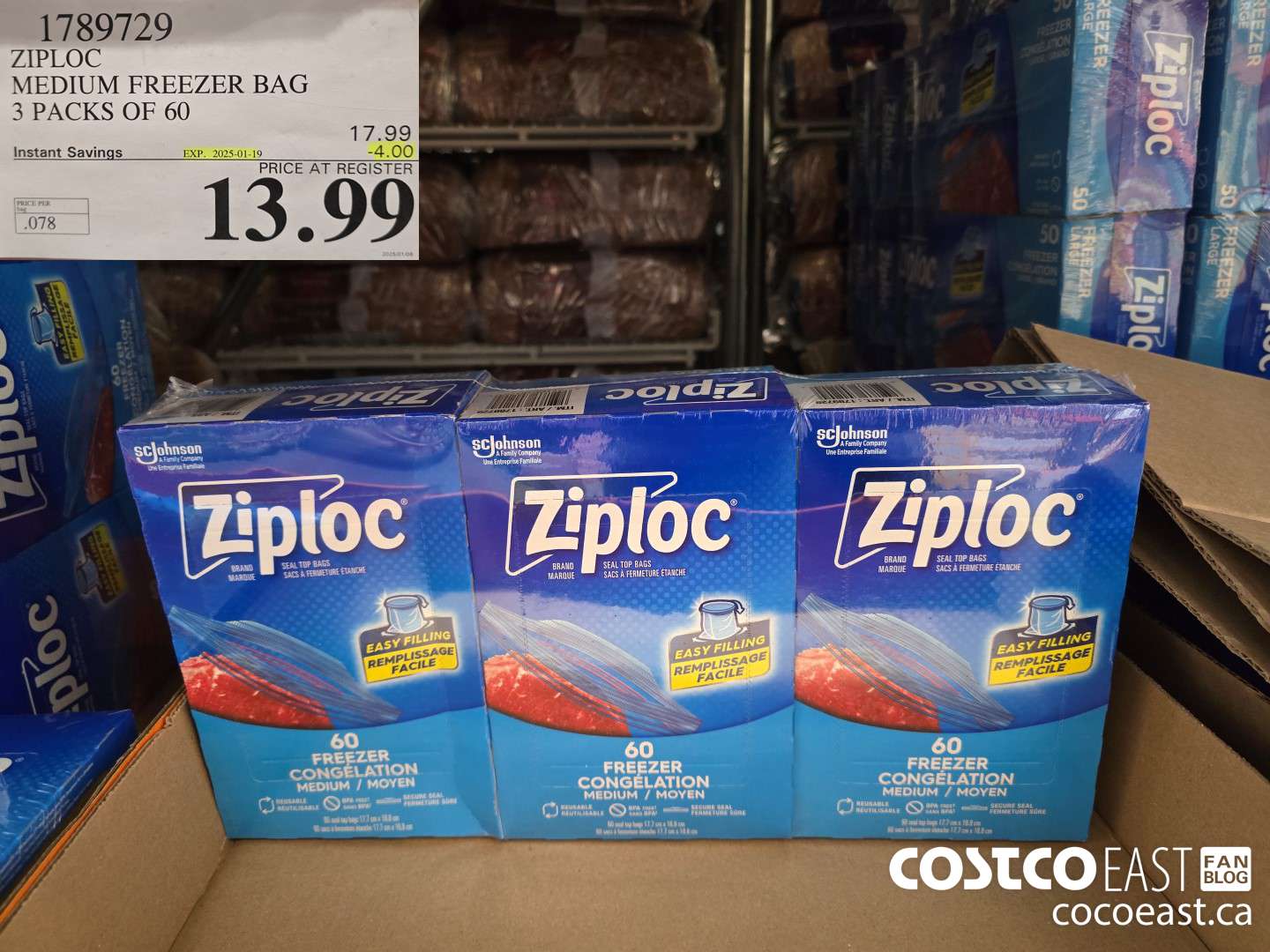 1789729 ZIPLOC MEDIUM FREEZER BAG 3 PACKS OF 60 ($4.00 INSTANT SAVINGS EXPIRES ON 2025-01-19) $13.99