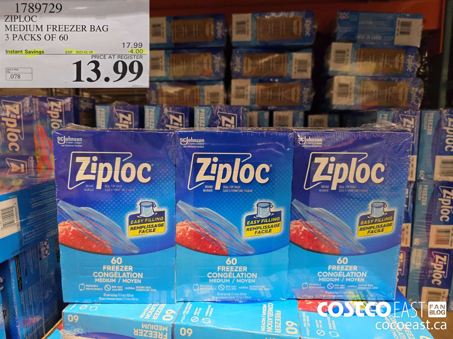 1789729 ZIPLOC MEDIUM FREEZER BAG 3 PACKS OF 60 ($4.00 INSTANT SAVINGS EXPIRES ON 2025-01-19) $13.99