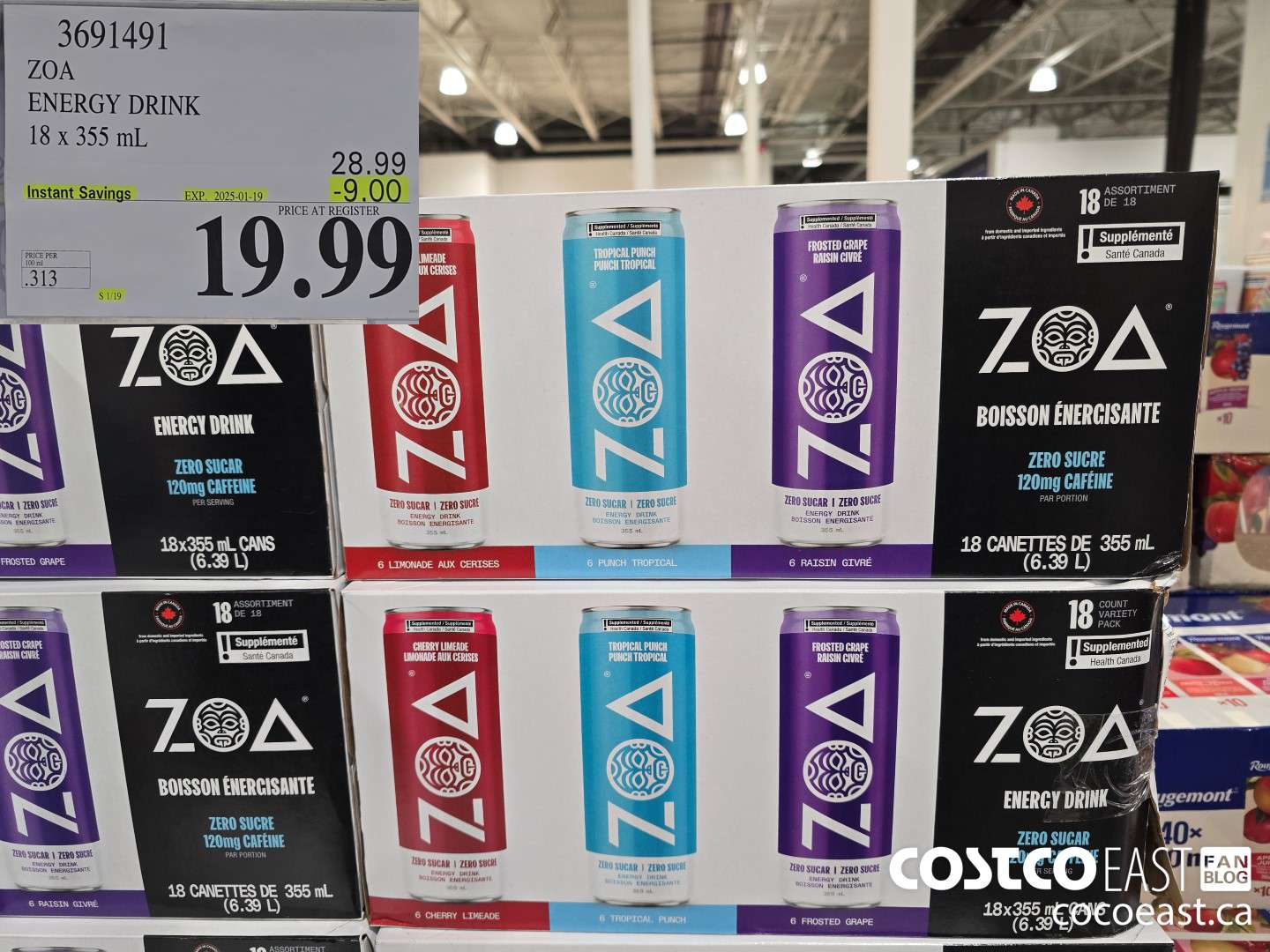 3691491 ZOA ENERGY DRINK 18 x 355 mL ($9.00 INSTANT SAVINGS EXPIRES ON 2025-01-19) $19.99