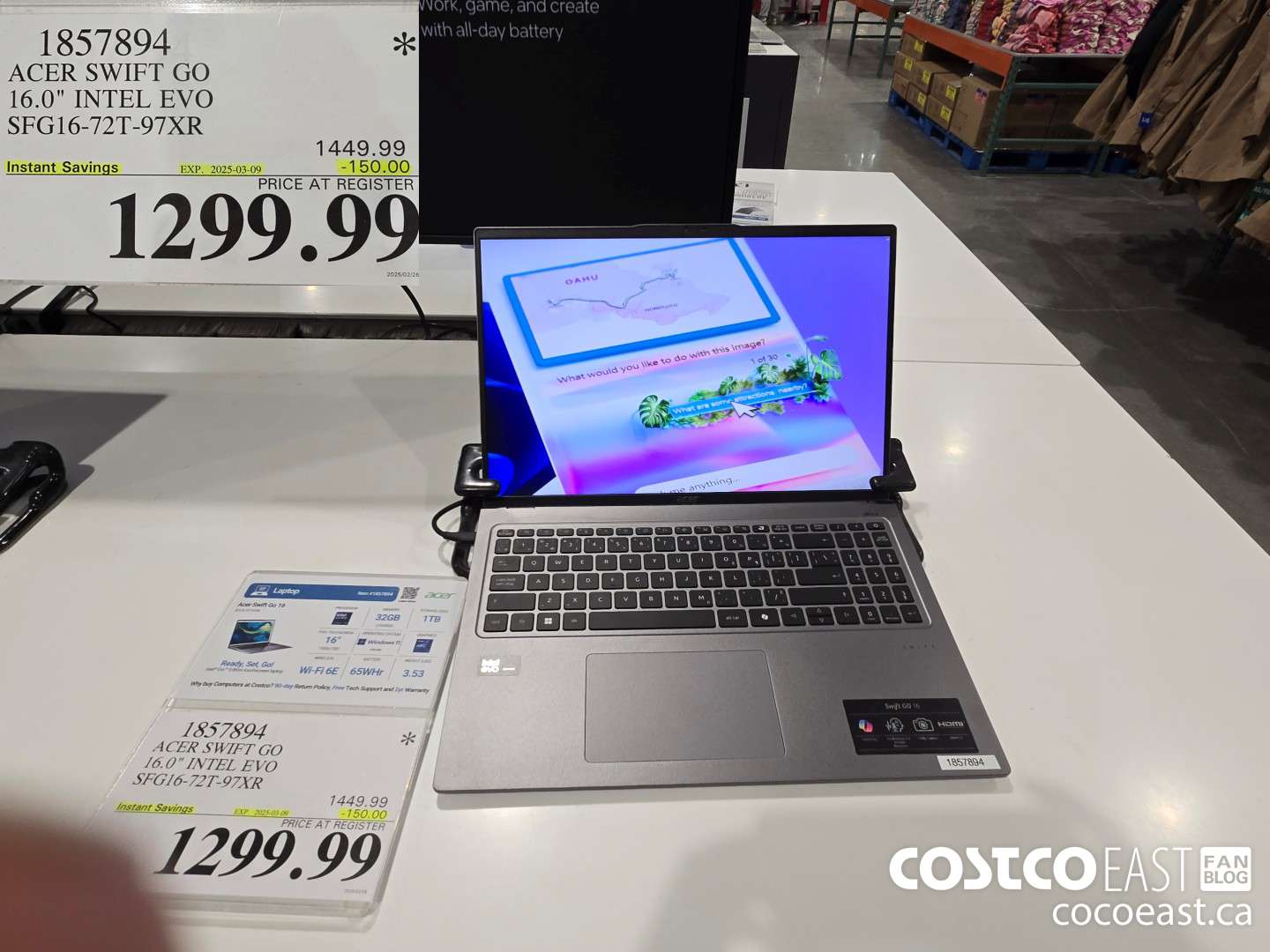 1857894 ACER SWIFT GO 16-IN INTEL EVO LAPTOP SFG16- 72T-97XR ($150.00 INSTANT SAVINGS EXPIRES ON 2025-03-09) $1299.99