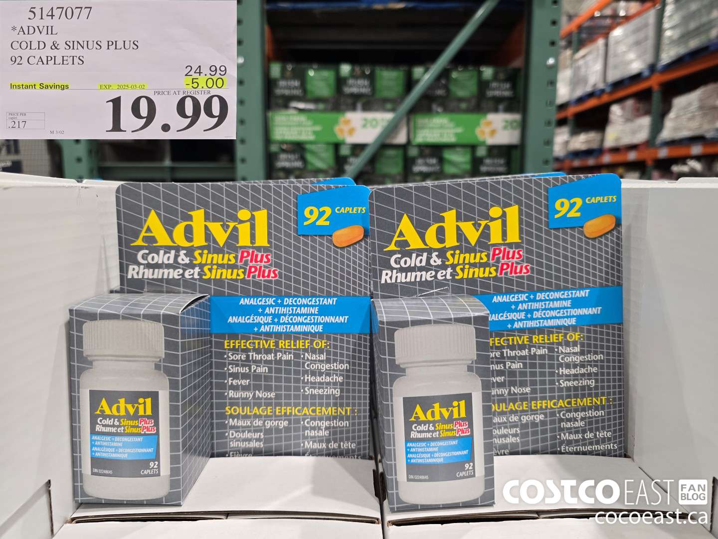 5147077 ADVIL COLD & SINUS PLUS 92 CAPLETS ($5.00 INSTANT SAVINGS EXPIRES ON 2025-03-02) $19.99