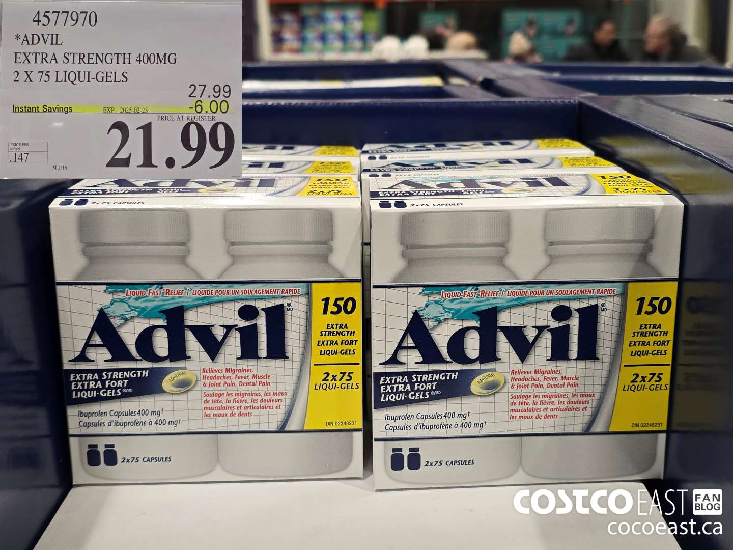 4577970 ADVIL EXTRA STRENGTH 400 MG 2 X 75 LIQUI-GELS ($6.00 INSTANT SAVINGS EXPIRES ON 2025-02-23) $21.99