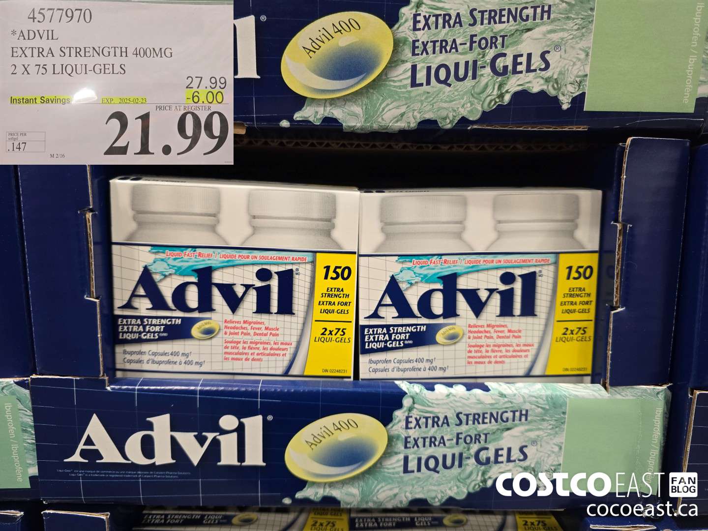 4577970 ADVIL EXTRA STRENGTH 400 MG 2 X 75 LIQUI-GELS ($6.00 INSTANT SAVINGS EXPIRES ON 2025-02-23) $21.99