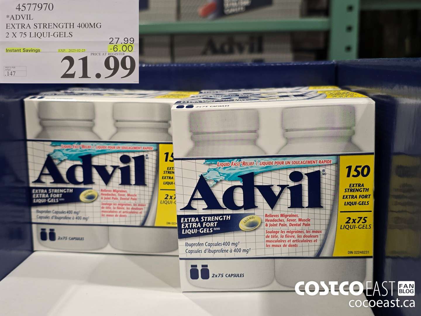 4577970 ADVIL EXTRA STRENGTH 400 MG 2 X 75 LIQUI-GELS ($6.00 INSTANT SAVINGS EXPIRES ON 2025-02-23) $21.99