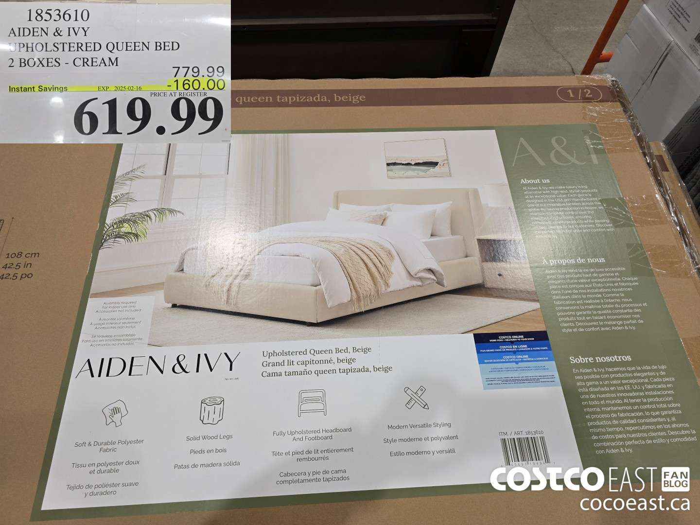 1853610 AIDEN & IVY 'PHOLSTERED QUEEN BED 2 BOXES - CREAM ($160.00 INSTANT SAVINGS EXPIRES ON 2025-02-16) $619.99