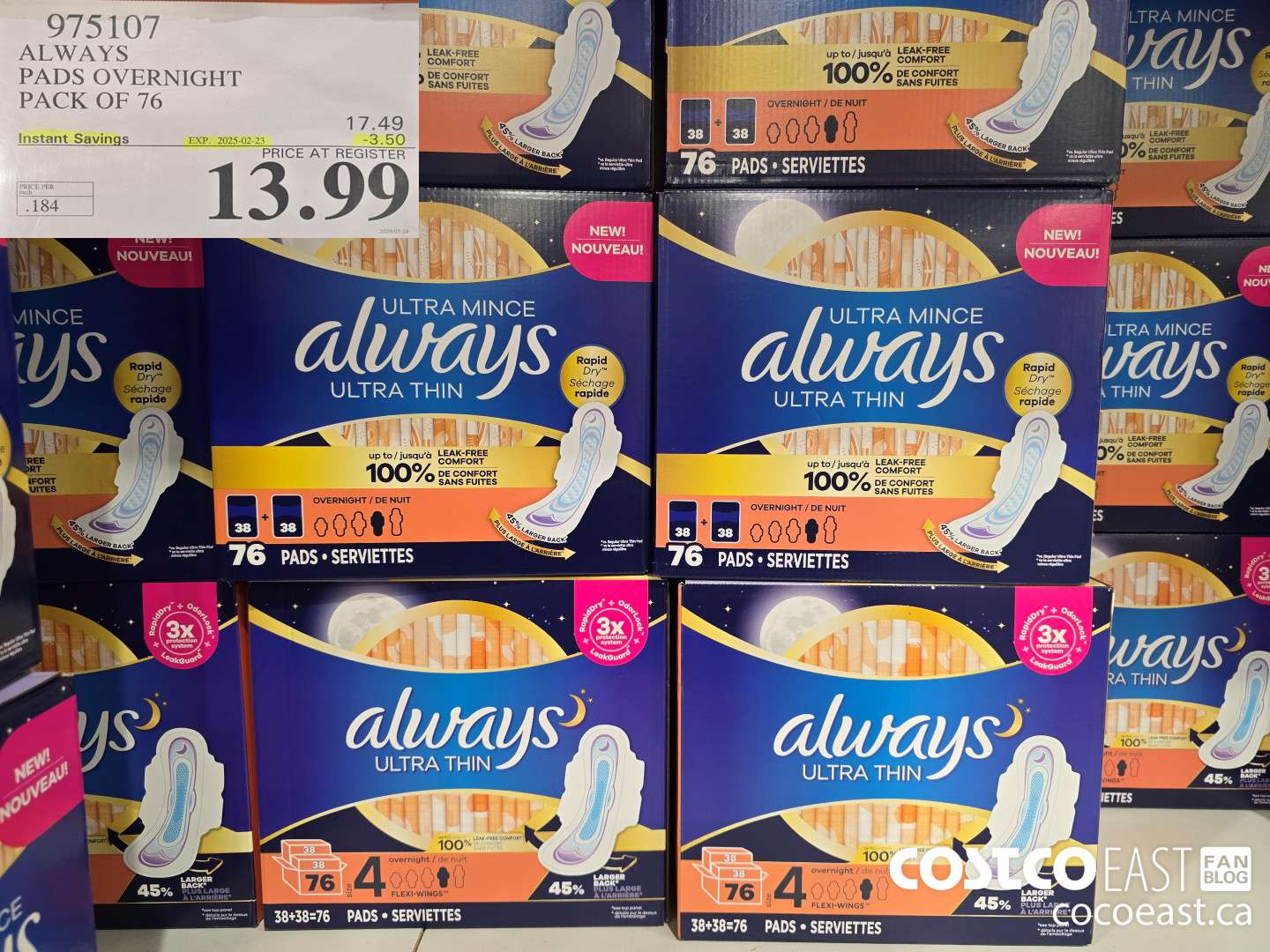 975107 ALWAYS PADS OVERNIGHT PACK OF 76 ($3.50 INSTANT SAVINGS EXPIRES ON 2025-02-23) $13.99