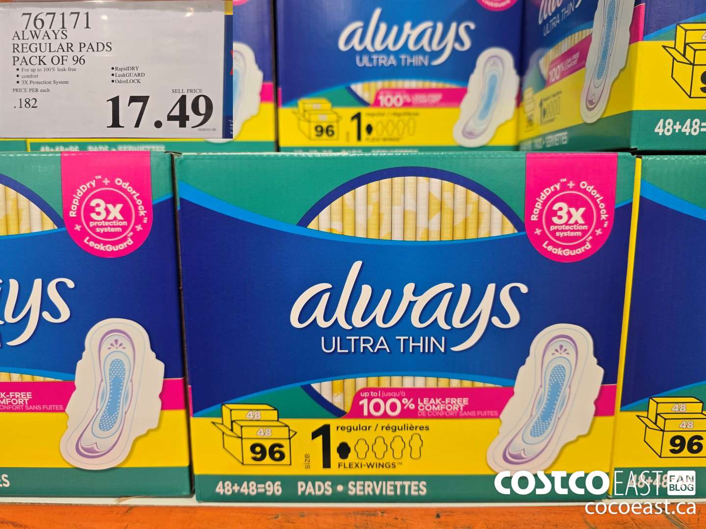 767171 ALWAYS REGULAR PADS PACK OF 96 $17.49