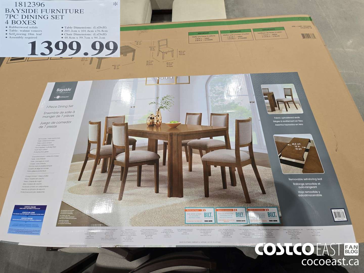 1812396 BAYSIDE FURNITURE 7PC DINING SET 4 BOXES $1399.99