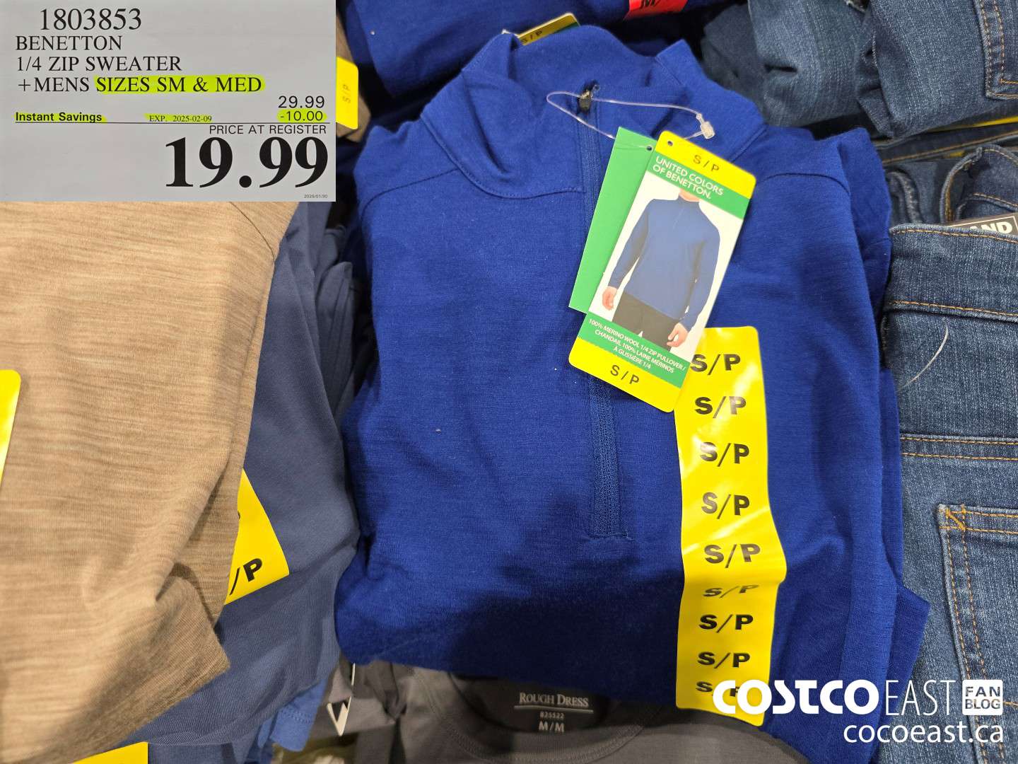 1803853 BENETTON 1/4 ZIP SWEATER + MENS SIZES SM & MED ($10.00 INSTANT SAVINGS EXPIRES ON 2025-02-09) $19.99