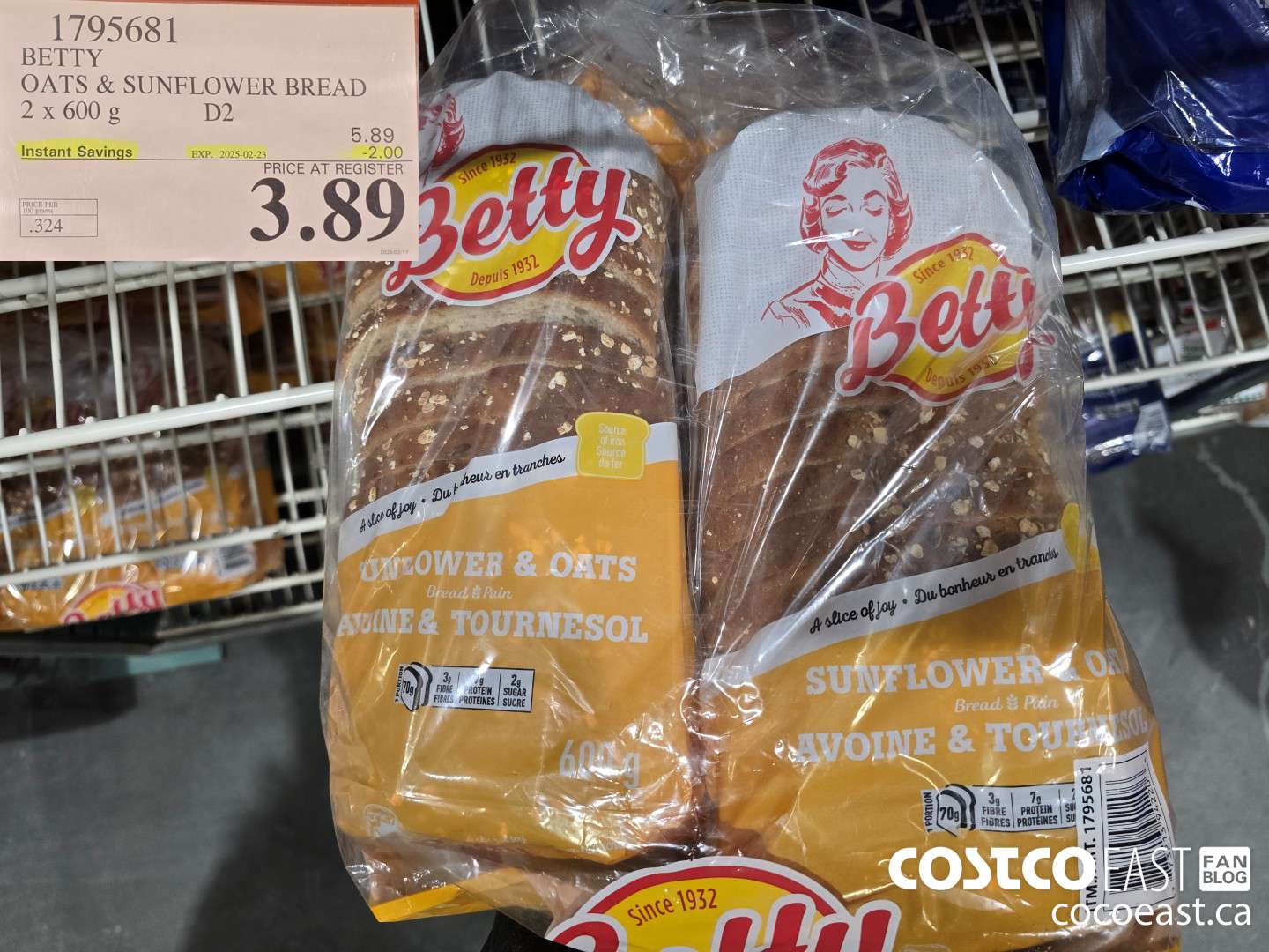 1795681 BETTY OATS & SUNFLOWER BREAD 2 x 600 g ($2.00 INSTANT SAVINGS EXPIRES ON 2025-02-23) $3.89