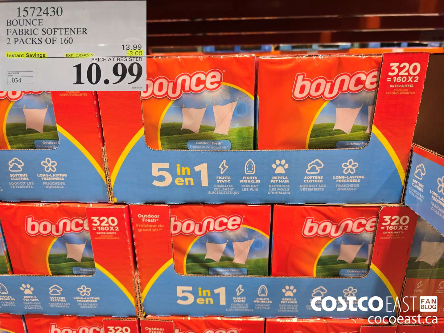 1572430 BOUNCE FABRIC SOFTENER 2 PACKS OF 160 ($3.00 INSTANT SAVINGS EXPIRES ON 2025-02-16) $10.99