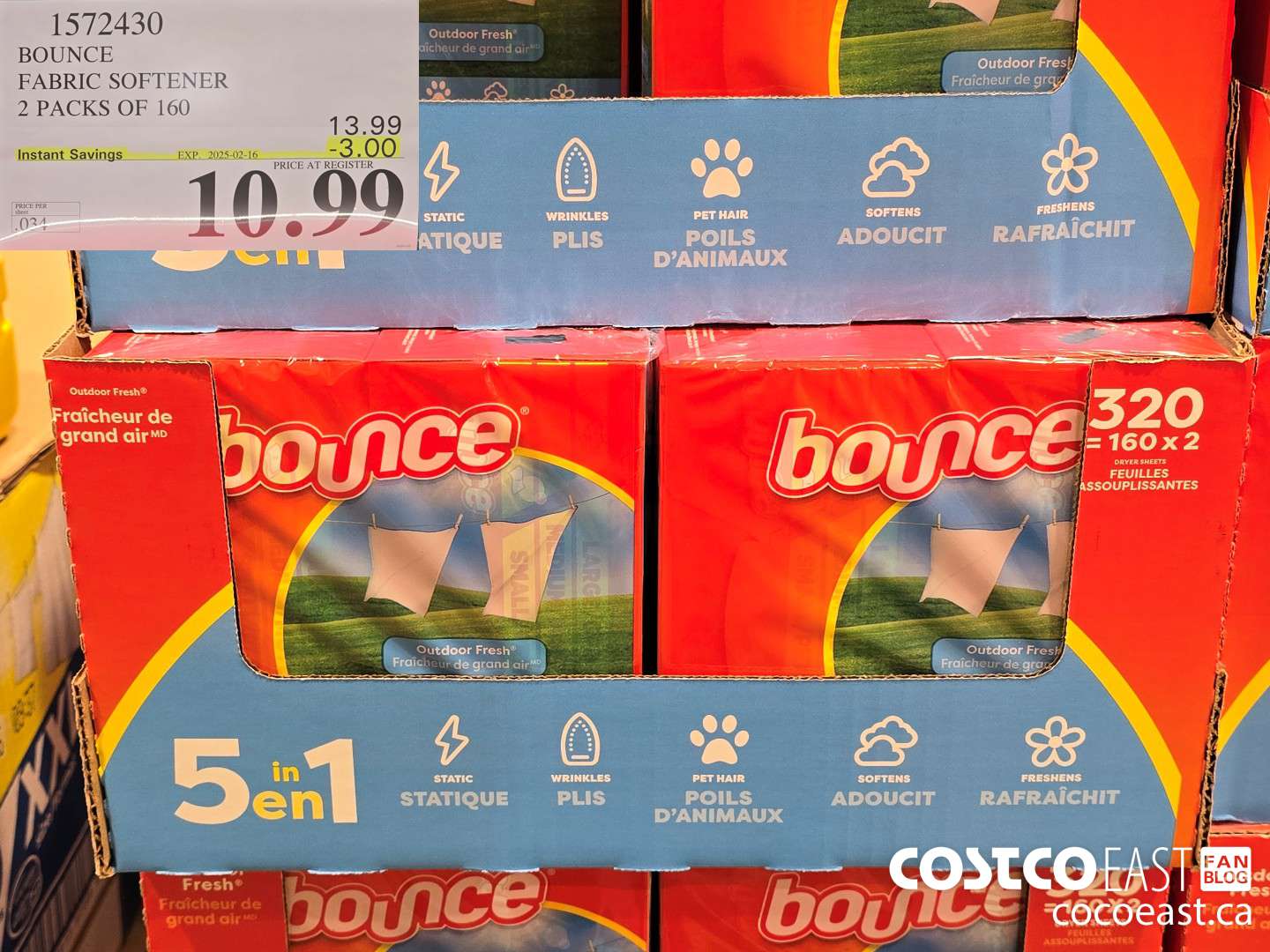 1572430 BOUNCE FABRIC SOFTENER 2 PACKS OF 160 ($3.00 INSTANT SAVINGS EXPIRES ON 2025-02-16) $10.99