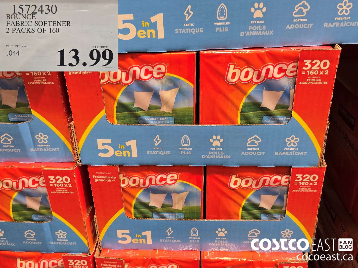 1572430 BOUNCE FABRIC SOFTENER 2 PACKS OF 160 $13.99