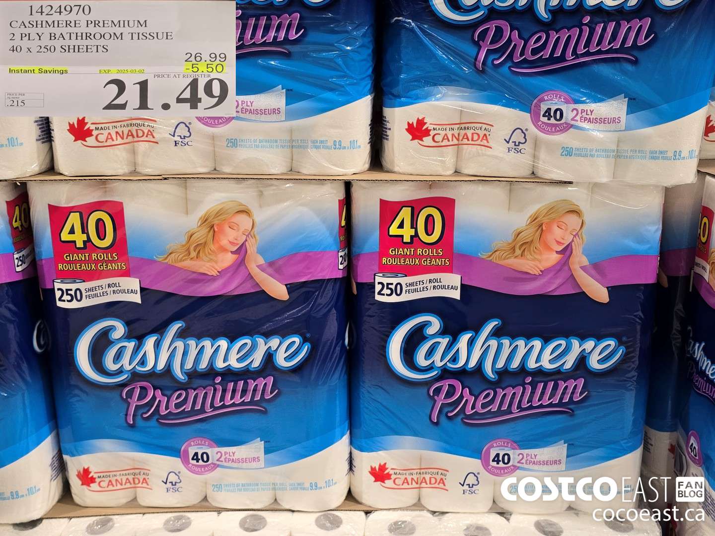 1424970 CASHMERE PREMIUM 2 PLY BATHROOM TISSUE 40 x 250 sheets ($5.50 INSTANT SAVINGS EXPIRES ON 2025-03-02) $21.49